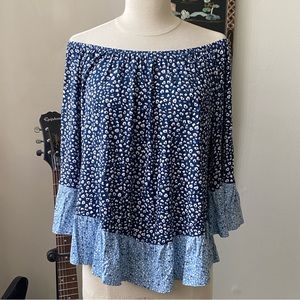 Style & Co. Blue Floral Off-the-Shoulder Peasant Blouse. Size XS.
